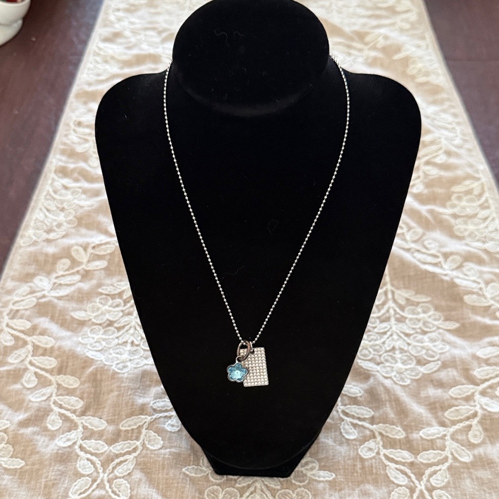 Touchstone Crystal Silver-Tone Necklace with Blue Flower and Crystal Pavé Tag